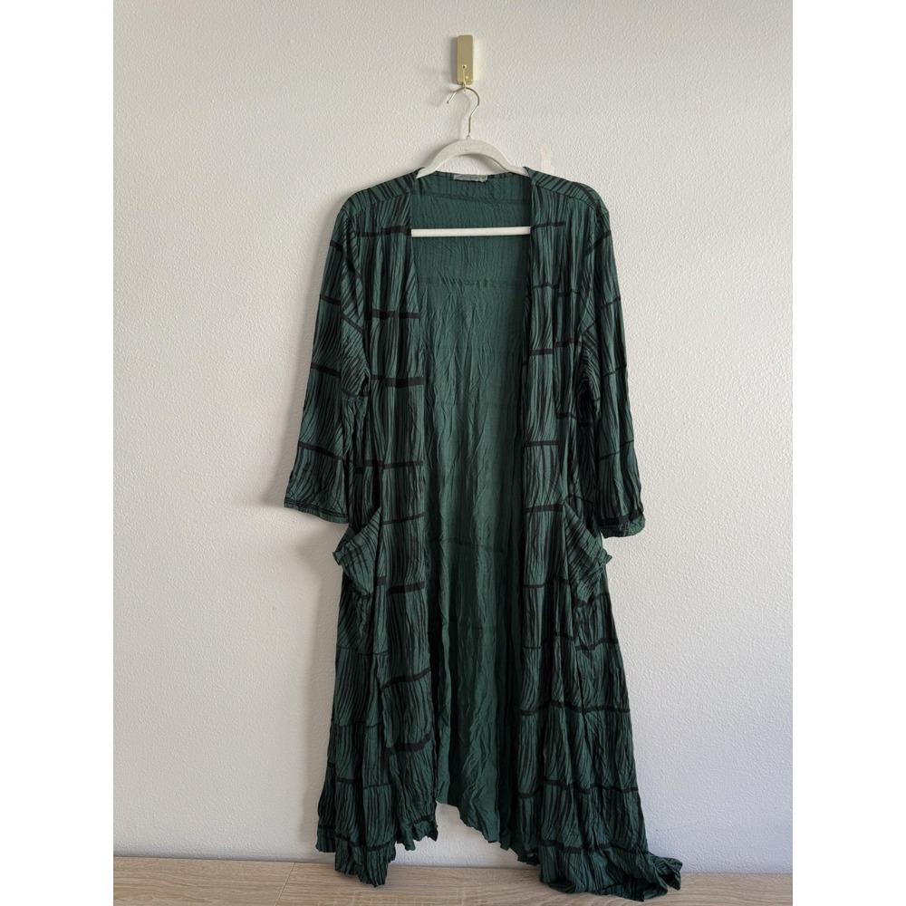 Chalet et Ceci Open Front Dark Green Crinkle Duster Sz XL Bamboo Blend